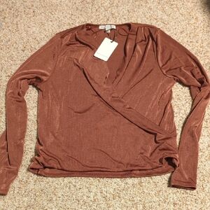 Green Envelope Orange Brown Long Sleeve Wrap Blouse